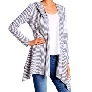 Max Studio Weekend Open Waterfall Striped‎ Cardigan Womens Medium Navy Nautical